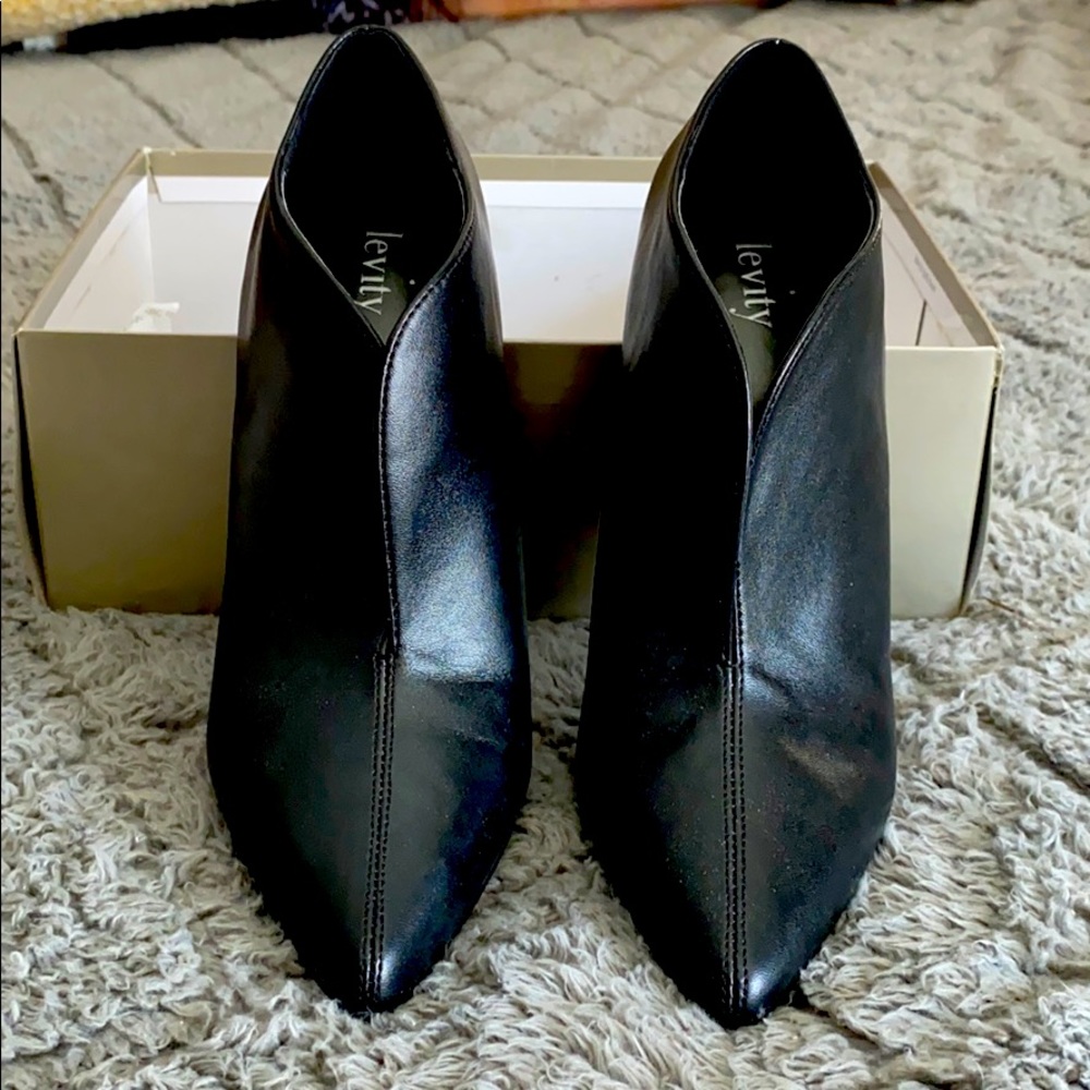 Levity Black Leather Bootie Heels